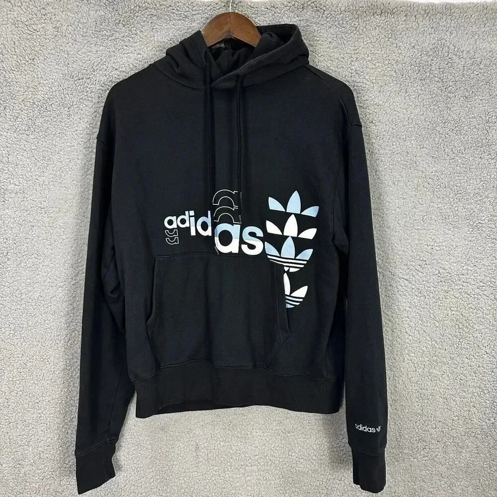 Adidas sweatshirt mens medium black hoodie pullover sweater logo play‎ trefoil